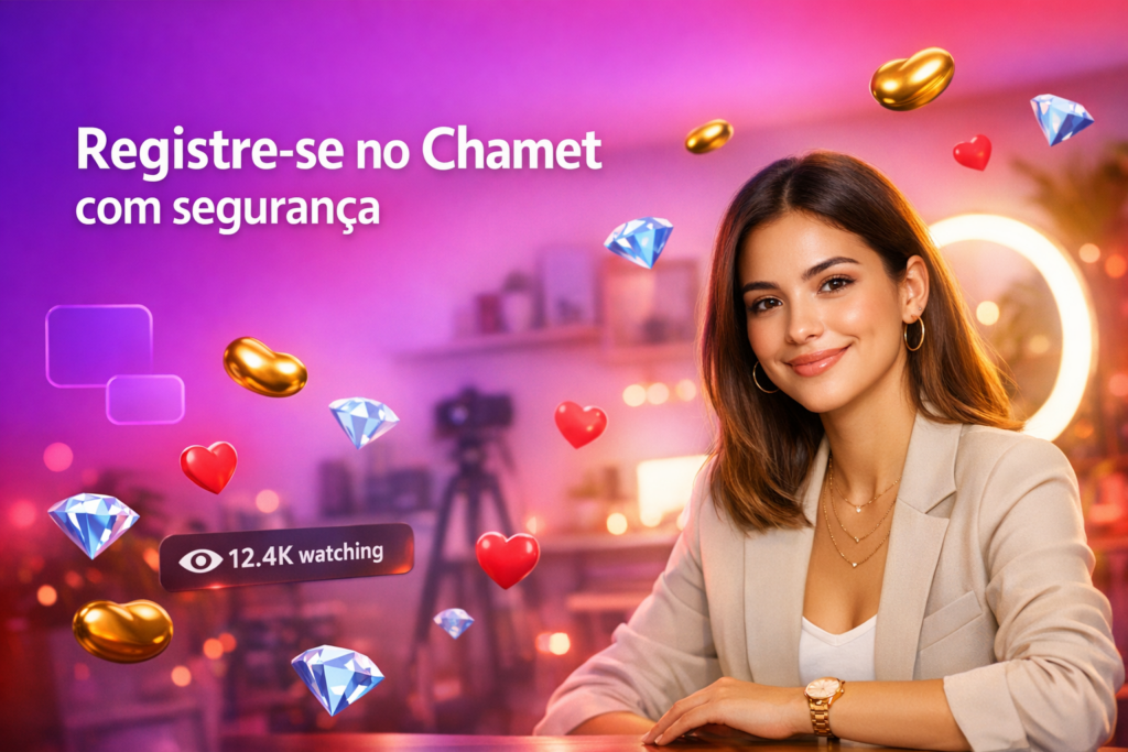 Jovem criadora brasileira em home-studio moderno com elementos de live e guia de registro e requisitos para anfitriãs do Chamet na Indonésia, estilo chamet hostess.
