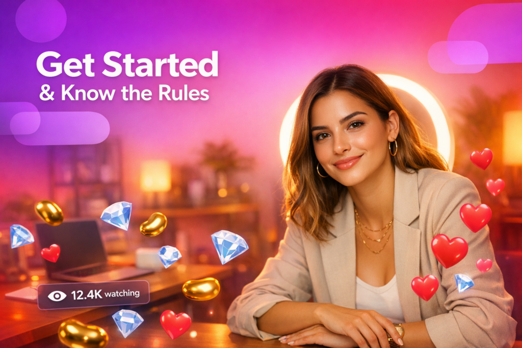 Criadora digital em home-studio moderno com elementos de live e destaque para impostos e legalidade chamet hostess, indicando cadastro oficial com segurança.