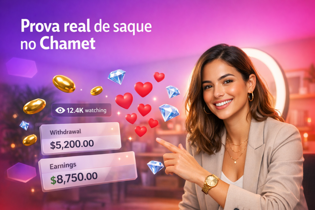 Criadora brasileira em home-studio comemorando prova de pagamento Chamet com elementos 3D de beans, diamantes e contador ao vivo, mostrando ganhos reais como chamet hostess.