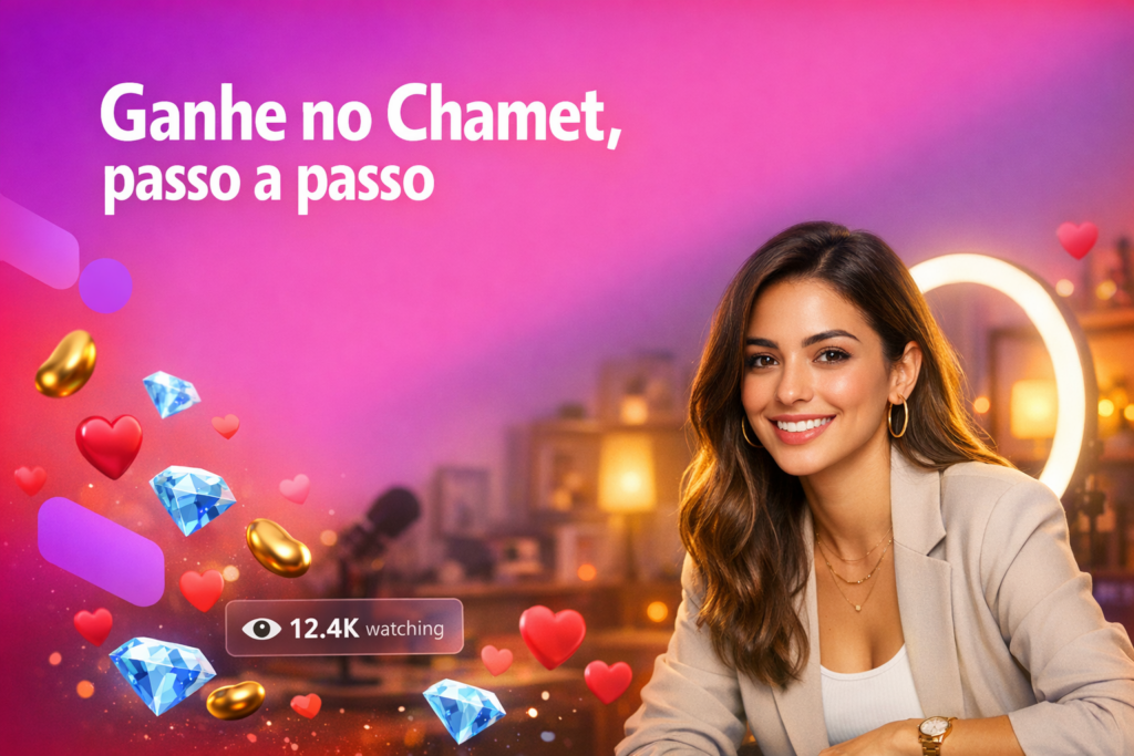 Criadora brasileira em home-studio com ring light e elementos de live, ilustrando como ganhar dinheiro no Chamet passo a passo como chamet hostess.