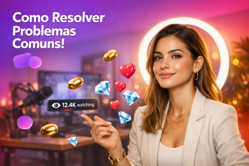 Criadora brasileira em home-studio mostrando como resolver problema chamada de vídeo Chamet solução para erro de conexão durante uma transmissão ao vivo, com elementos flutuantes de live e dica para chamet hostess.