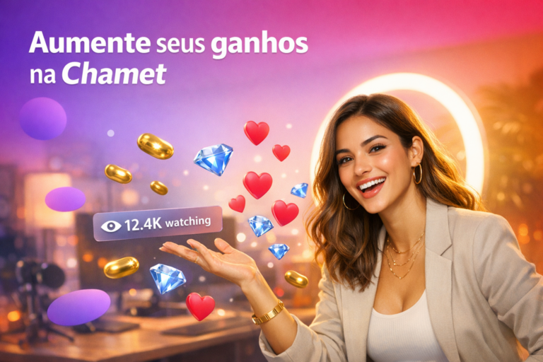 Criadora brasileira em um home-studio moderno celebra aumento de renda ao vivo, com elementos flutuantes de corações, diamantes e beans e dicas para ganhar mais como chamet hostess.