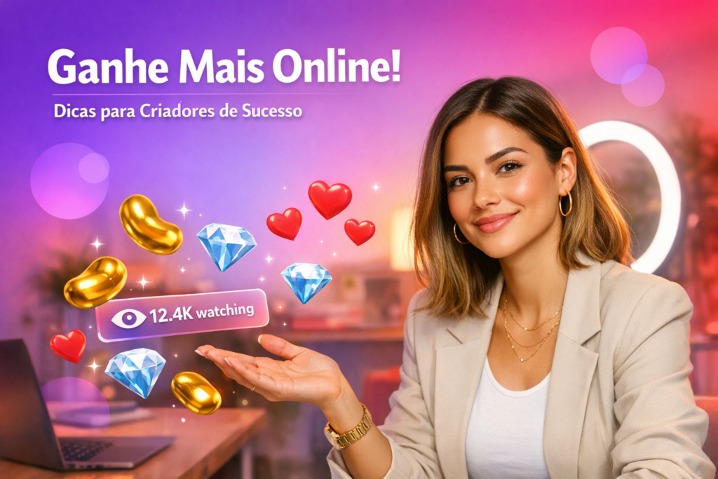 Jovem criadora brasileira em home-studio moderno com elementos de live, celebrando como aumentar o preço por minuto na Chamet como chamet hostess.