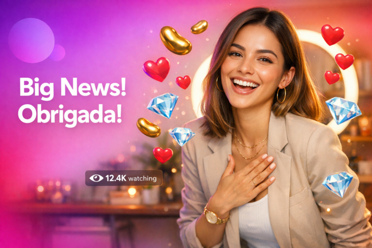Criadora brasileira em home-studio celebra um grande presente com gratidão, com corações, feijões e diamantes flutuando em estilo de live para chamet hostess.