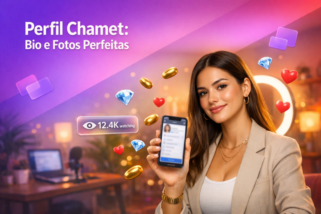 Jovem criadora brasileira em home-studio ajustando biografia e fotos para criar um perfil atraente na Chamet como chamet hostess, com elementos de live ao redor.