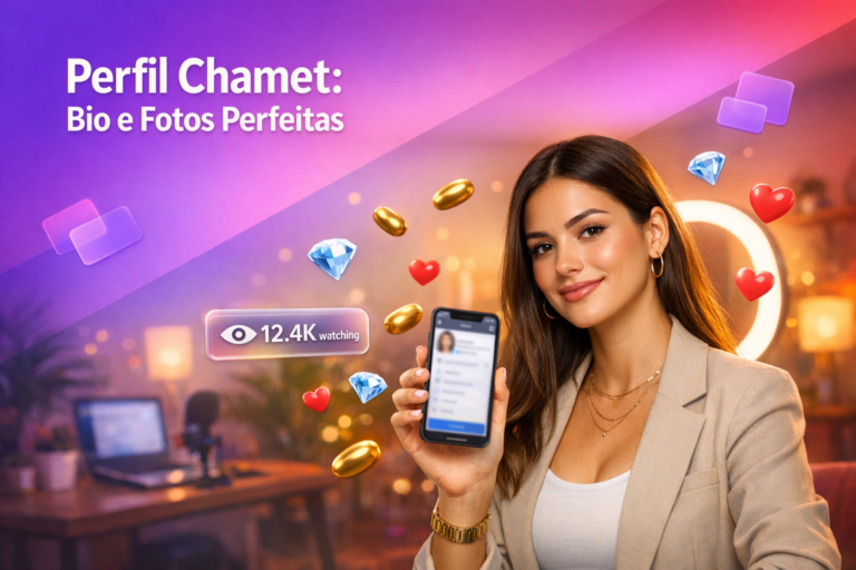 Jovem criadora brasileira em home-studio ajustando biografia e fotos para criar um perfil atraente na Chamet como chamet hostess, com elementos de live ao redor.