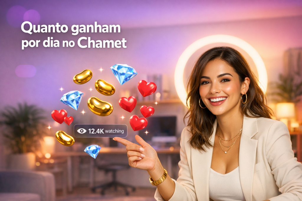 Criadora brasileira em home studio com itens de live flutuando (beans, corações e contador de audiência), ilustrando quanto ganham as hostesses do Chamet por dia; estilo chamet hostess com foco em renda e conversão para USD.