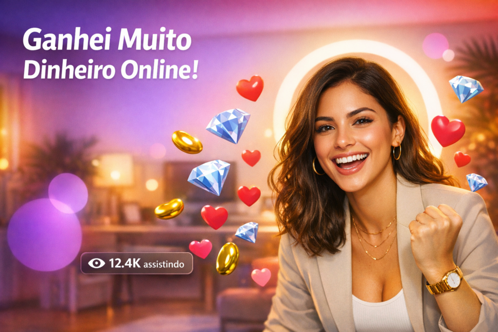 Jovem criadora brasileira em home-studio moderno celebra ganhos de chamet hostess na Argentina, com elementos de live streaming e contadores de audiência ao fundo.