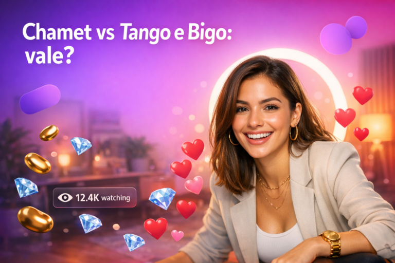 Criadora brasileira em home-studio comparando apps de live com elementos de beans, diamantes e contador de espectadores, destacando dicas para chamet hostess.
