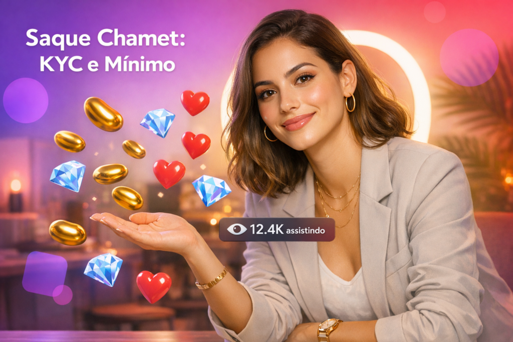 Criadora brasileira em home-studio moderno aponta para ícones flutuantes enquanto explica requisitos de saque Chamet, KYC e valor mínimo para chamet hostess.