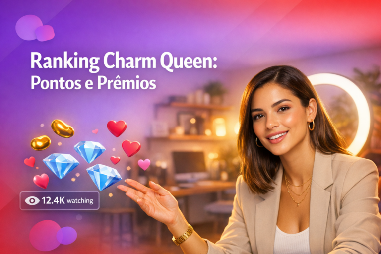 Criadora brasileira em home-studio com elementos de live, explicando como funciona o ranking Charm Queen na Chamet e as recompensas para chamet hostess.