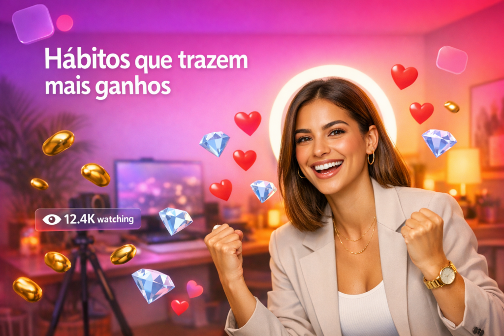 Anfitriã em home-studio moderno celebra sua rotina e produtividade com elementos de live, inspirando hábitos diários para ganhar mais na Chamet, como chamet hostess.