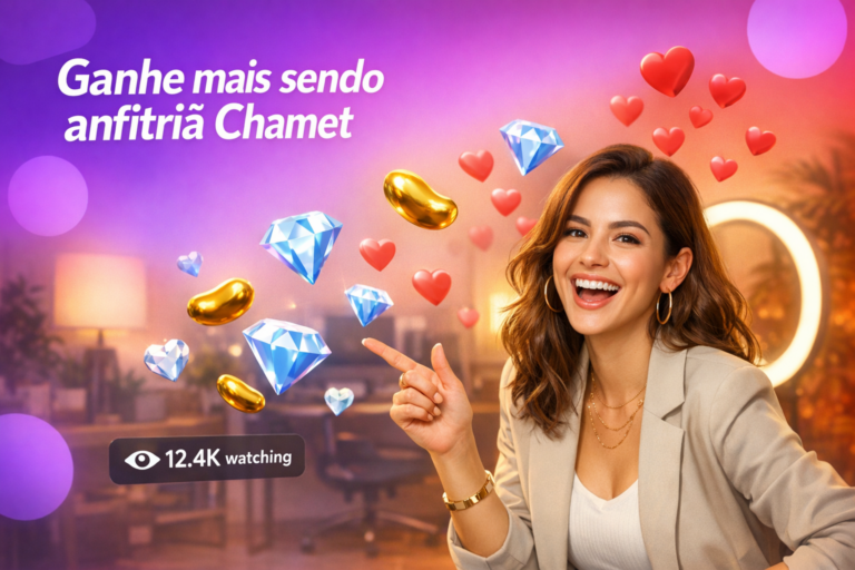 Jovem criadora brasileira em home studio celebrando ganhos com elementos flutuantes de live e a frase chamet hostess em destaque no contexto de como as anfitriãs da Chamet ganham dinheiro.