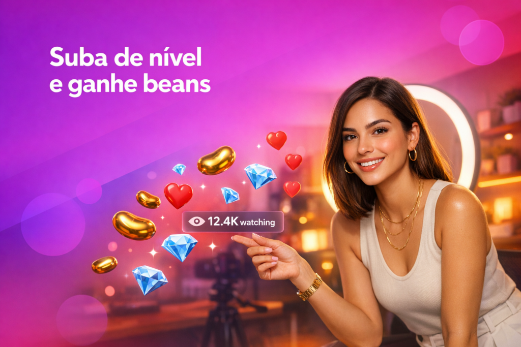Criadora brasileira em home-studio moderno com elementos de live e moedas virtuais, ilustrando estratégia de crescimento chamet hostess para ganhar beans e subir de nível.