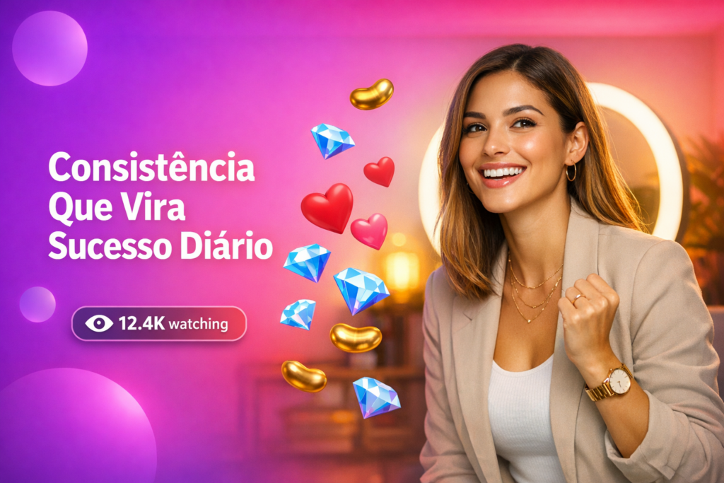 Jovem criadora brasileira em home-studio moderno com elementos de live e visual clean girl, ilustrando hábitos de consistência e disciplina de uma chamet hostess.