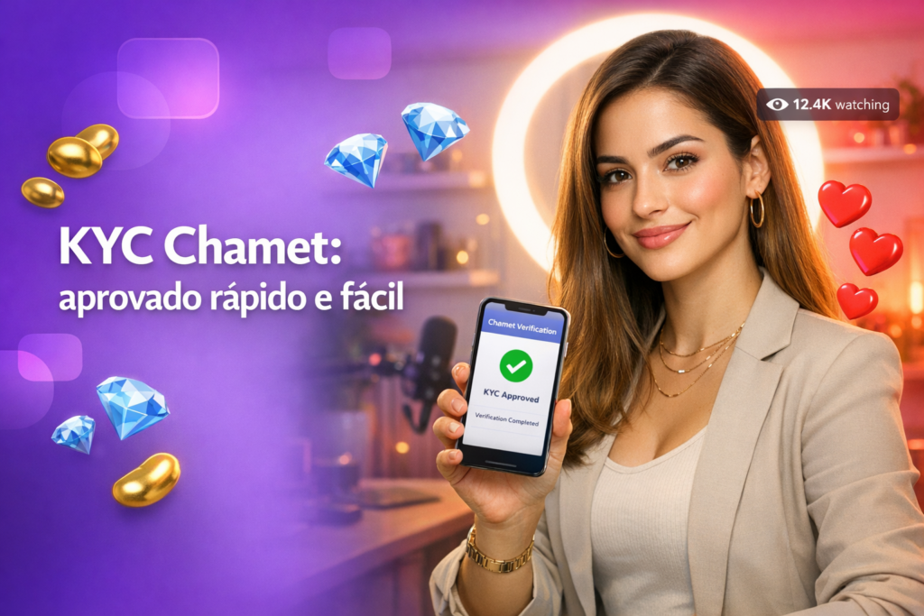 Mulher brasileira em home-studio moderno segurando celular e explicando o guia de verificação KYC Chamet para cadastro de chamet hostess, com elementos de live ao redor.