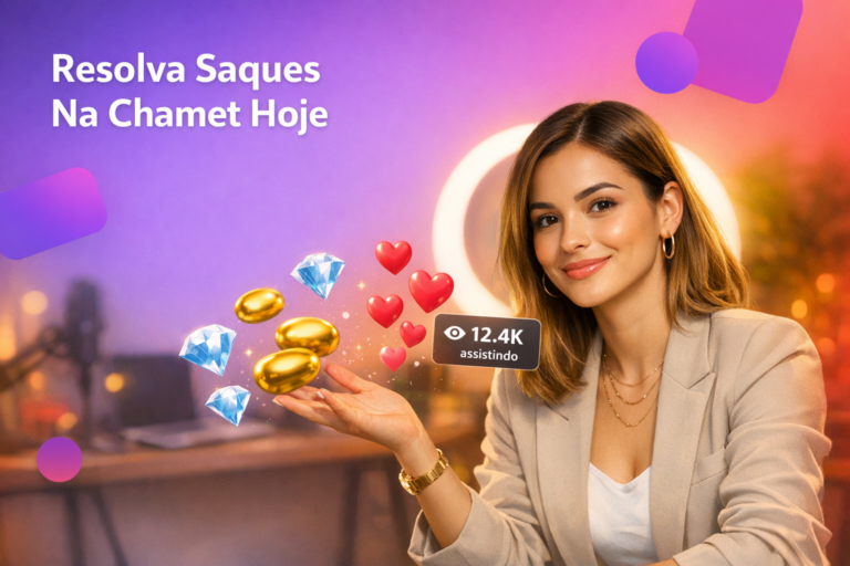 Criadora brasileira em home-studio moderno aponta para elementos de live e dicas sobre problemas de saque na Chamet e como resolver, com atmosfera de transmissão e contador de espectadores ao fundo.