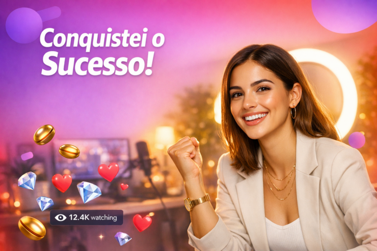 Uma jovem criadora brasileira em home studio moderno celebra crescimento acelerado no ao vivo, com elementos de stream e dicas para chamet hostess evoluir mais rápido.