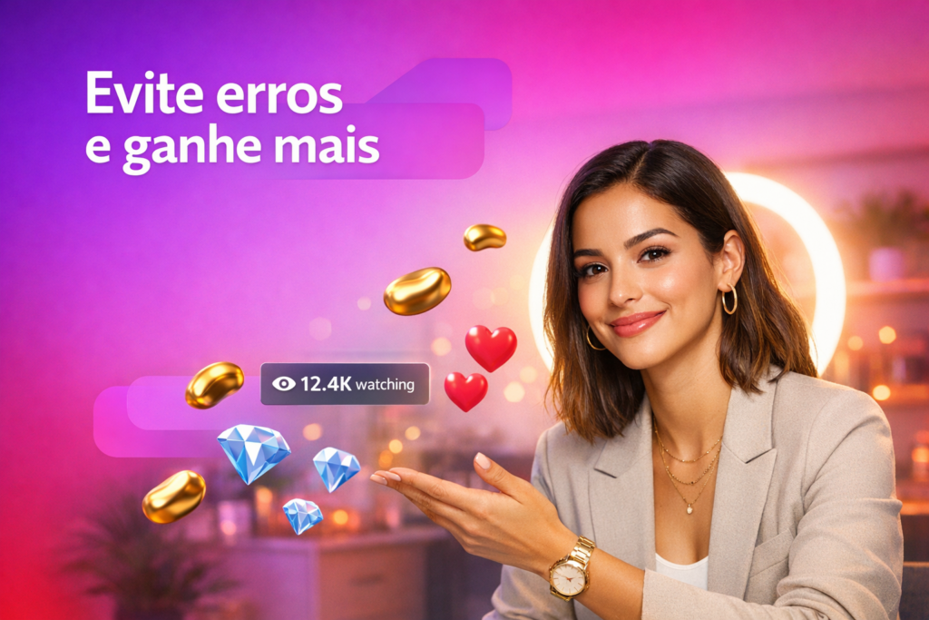 Jovem criadora brasileira em home studio com itens de live e dicas na tela para evitar erros comuns no cadastro e início como chamet hostess.