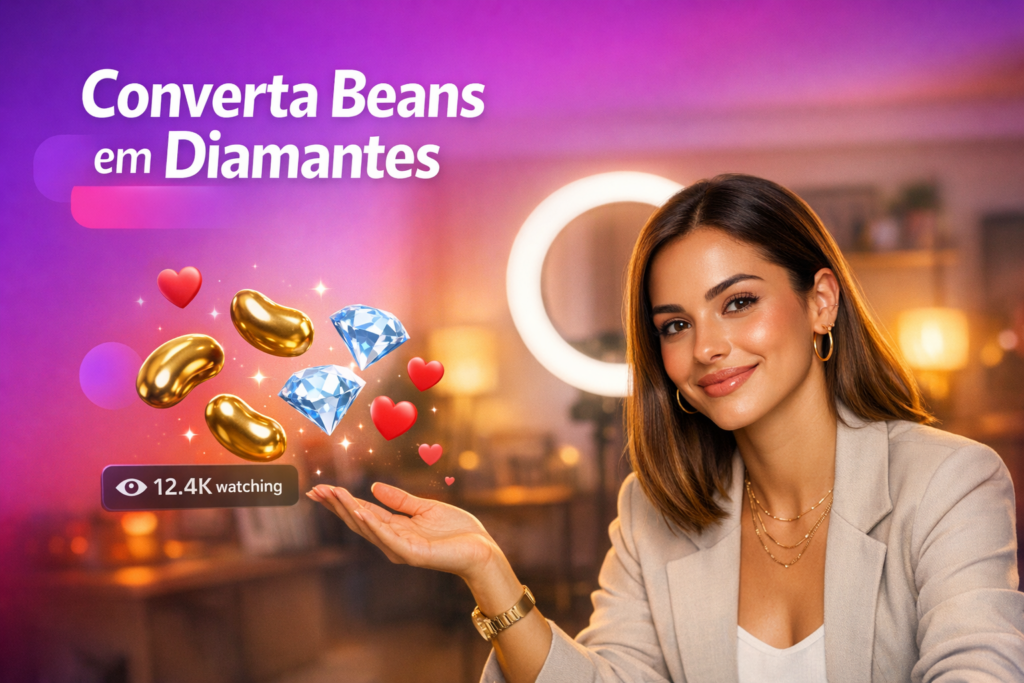Criadora brasileira em home-studio com ícones de beans, diamantes e contador ao vivo, explicando a conversão e recompensas da Chamet para chamet hostess.