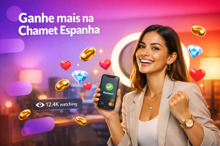 Jovem criadora brasileira em home-studio moderno celebrando ganhos de chamet hostess na Espanha, com elementos de live e recompensas flutuando na cena.