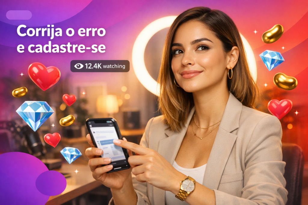 Criadora brasileira em home-studio mostra no celular como resolver o erro no app e concluir o cadastro de chamet hostess.