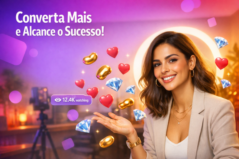 Criadora brasileira em home-studio com elementos de live e ícones de ganhos, ilustrando como converter chamadas grátis em pagas na Chamet como chamet hostess.